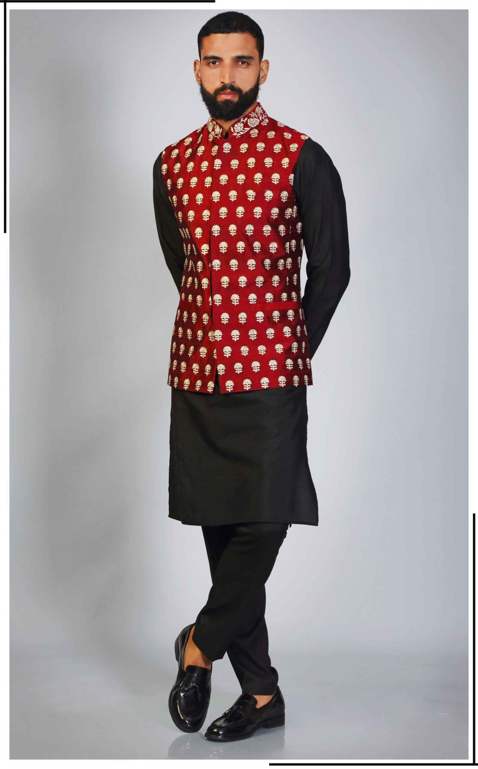 black kurta pajama with waistcoat