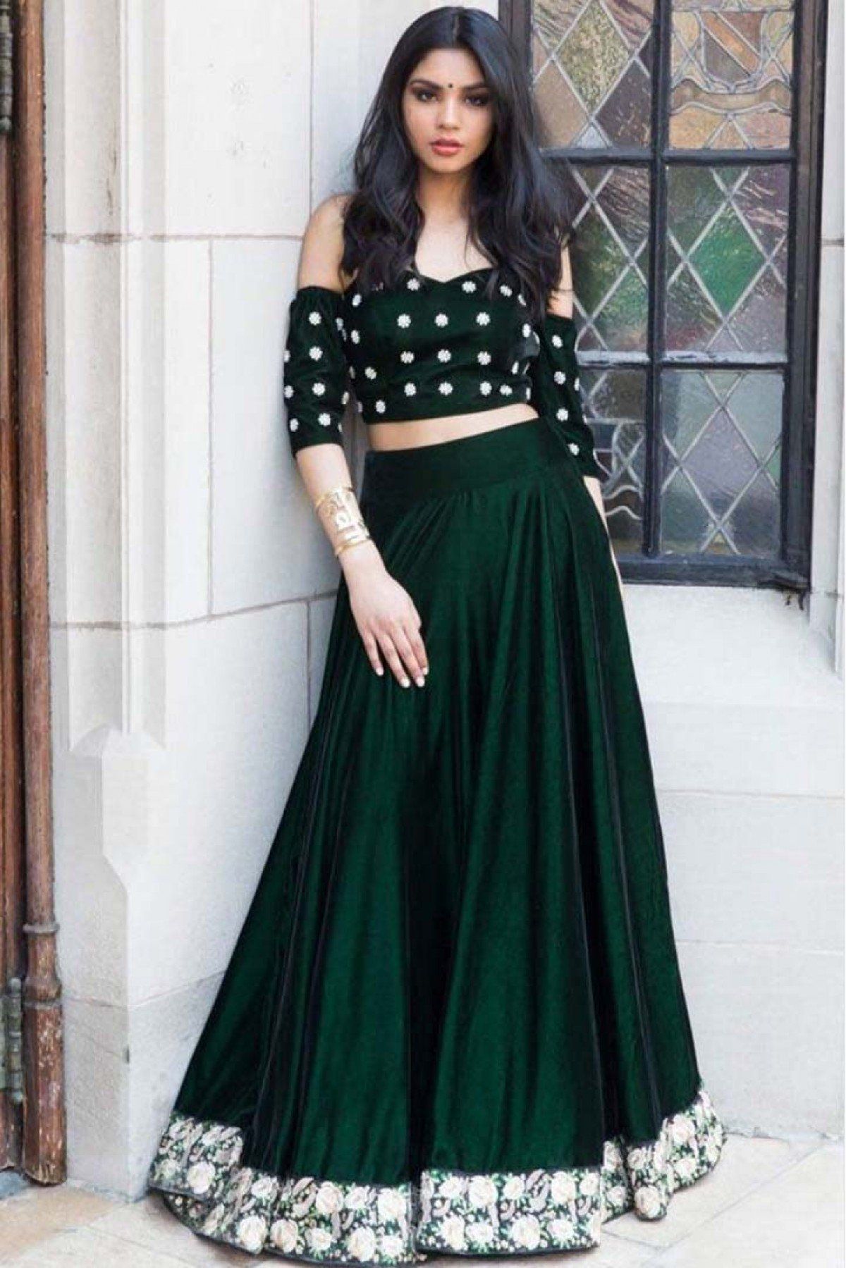 green velvet lehenga choli with crop top