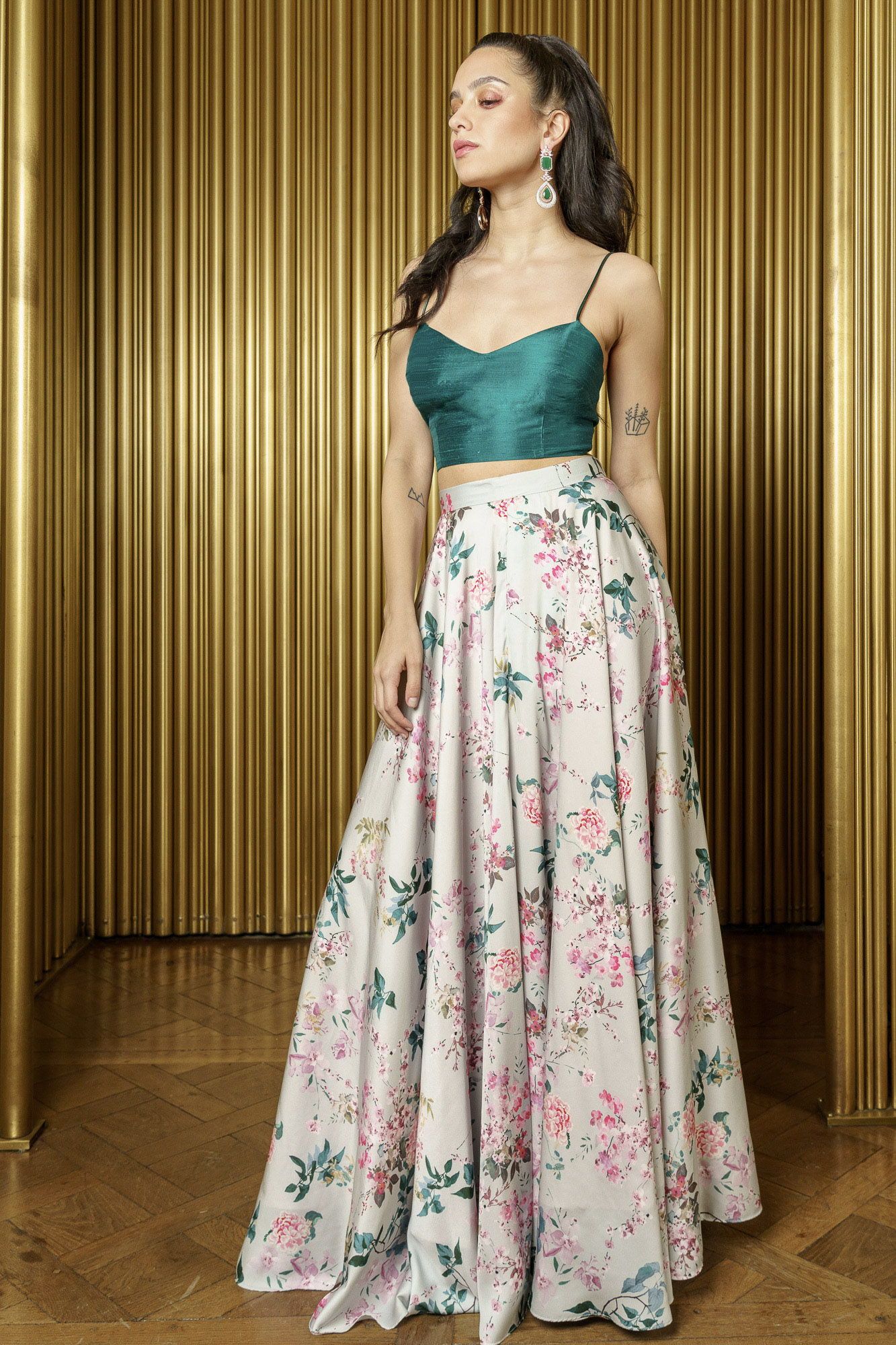 green designer floral lehenga choli with crop top