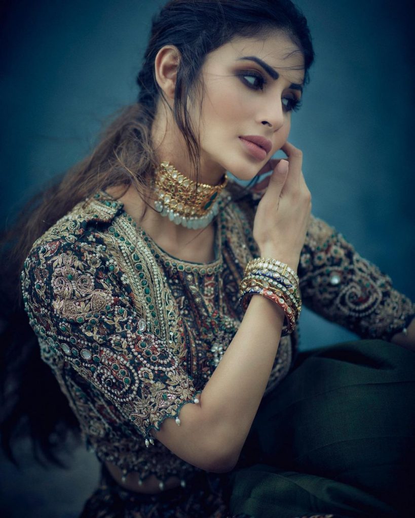 Mouni in green lehenga