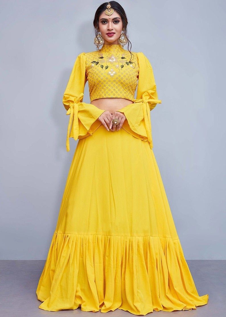 yellow designer lehenga choli with crop top