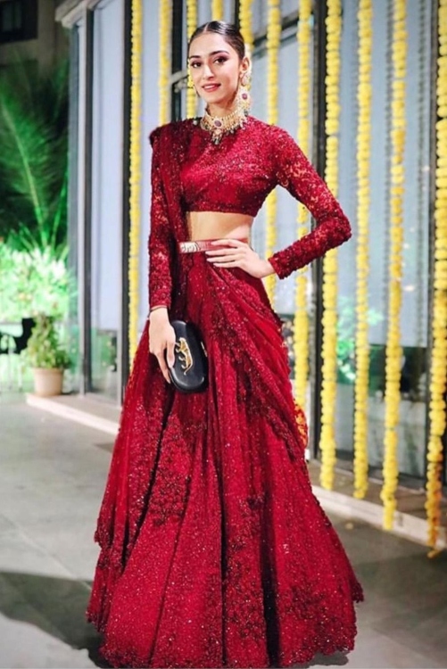 Red sequins work lehenga choli