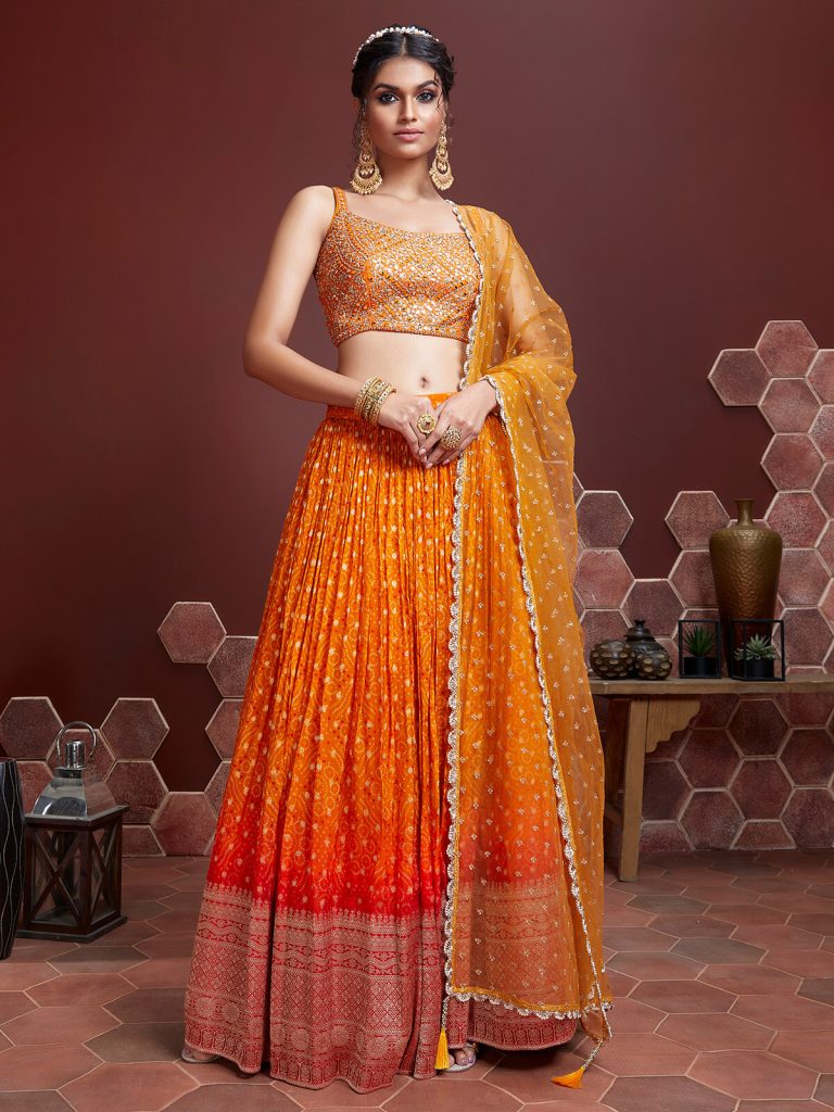 Orange Lehenga Choli In Bandhej