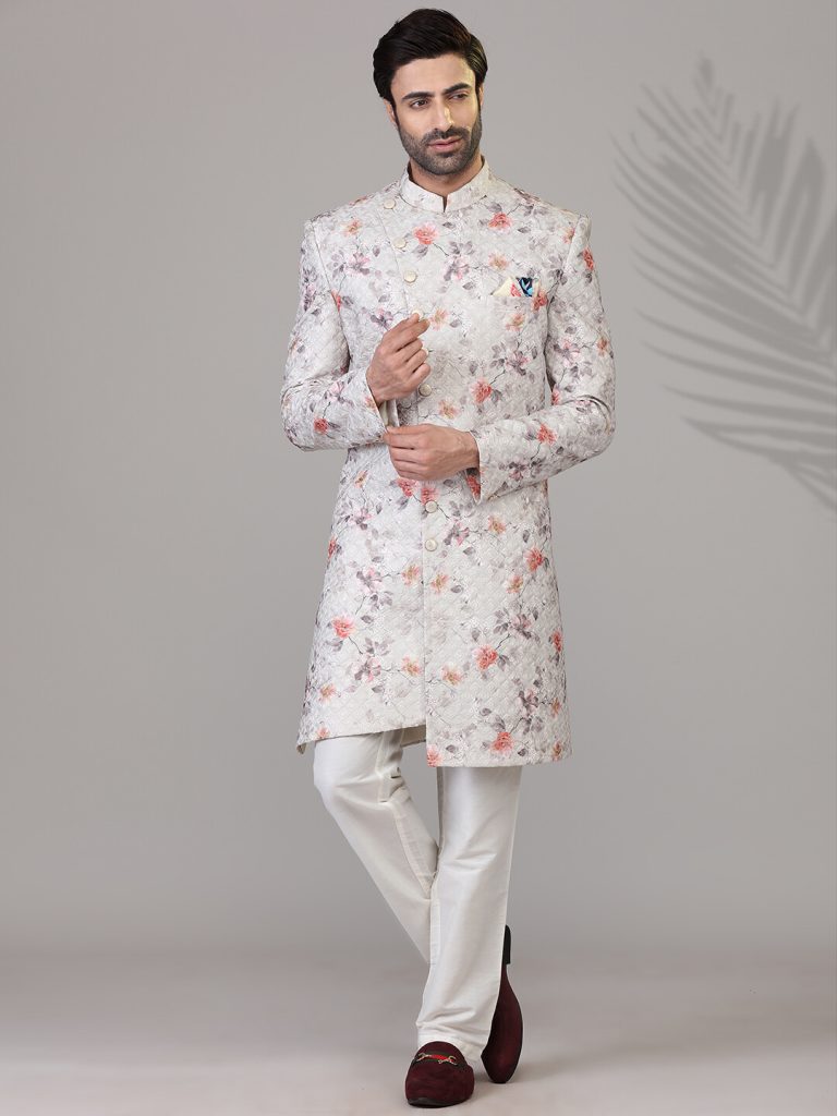 Grey Wedding Wear Silk Sherwani