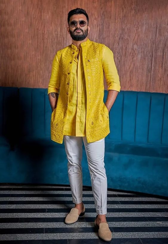 yellow jacket style long waist coat set for men