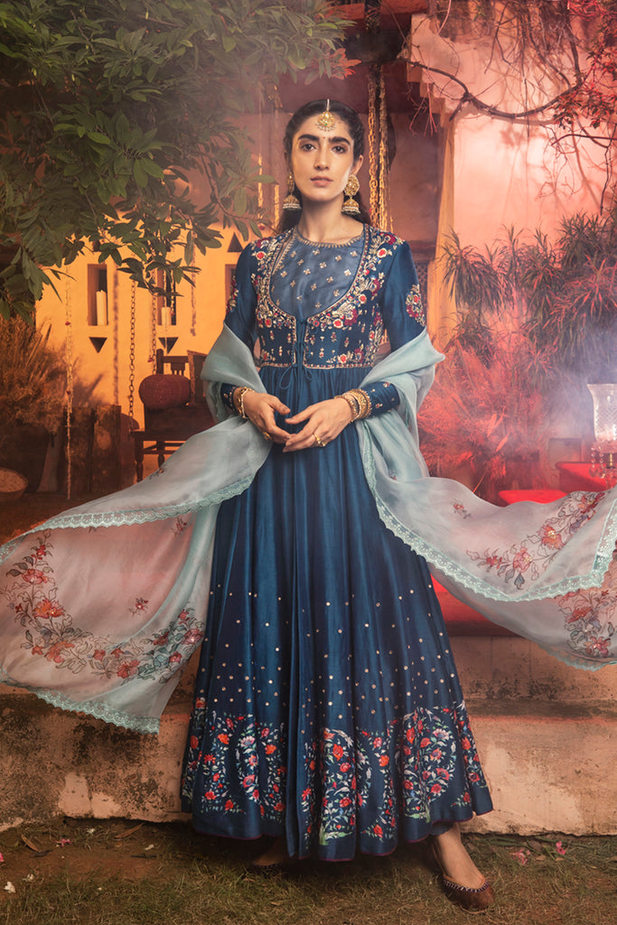 chanderi silk blue anarkali salwar suit