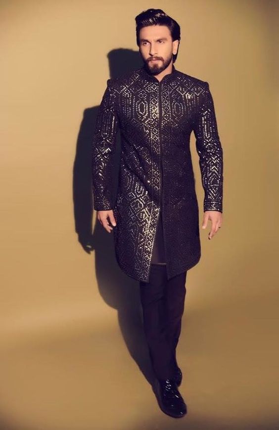 black mirror work achkan sherwani for wedding