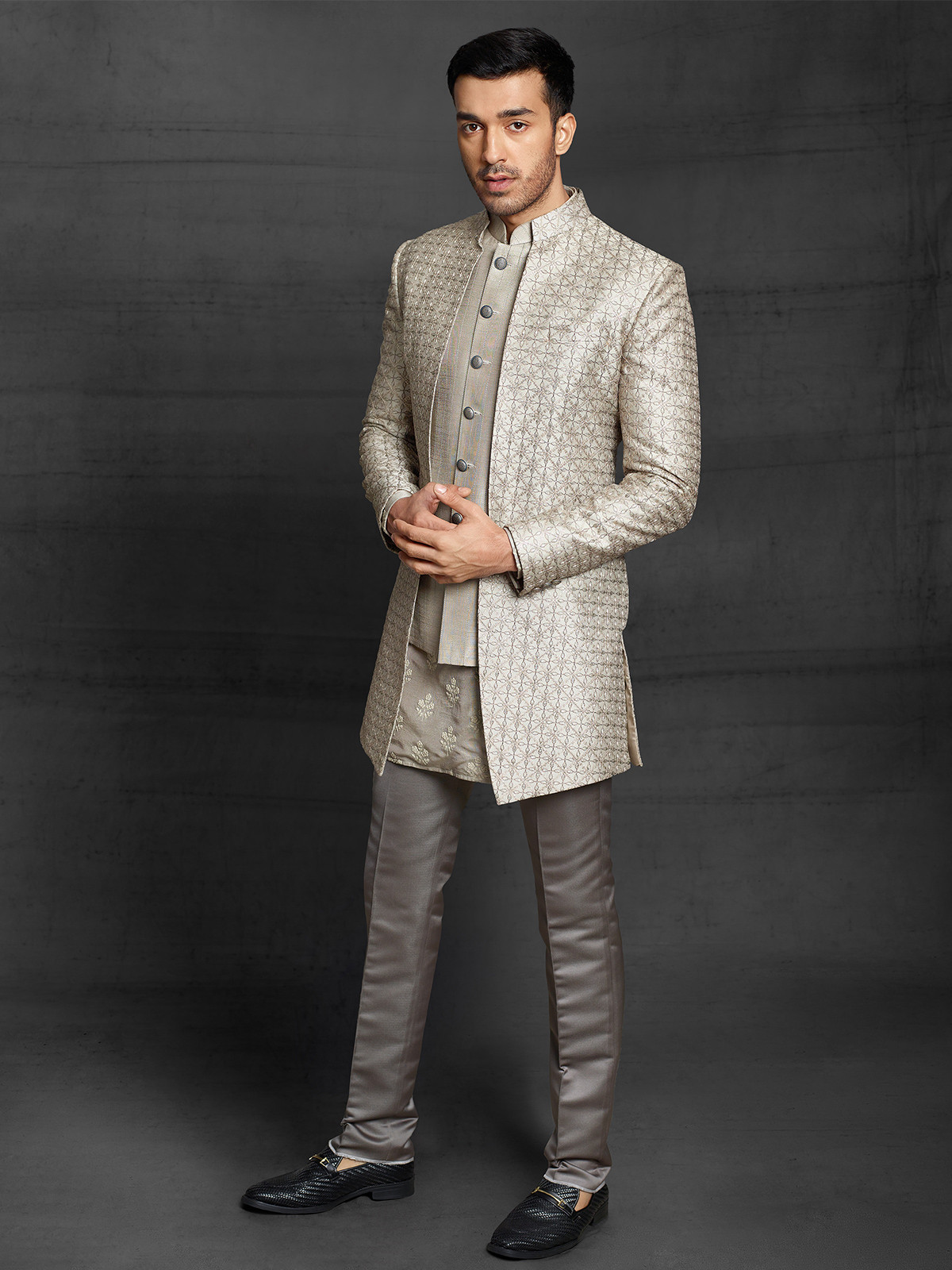 Beige Color Silk Indo Western Wedding outfits for men
