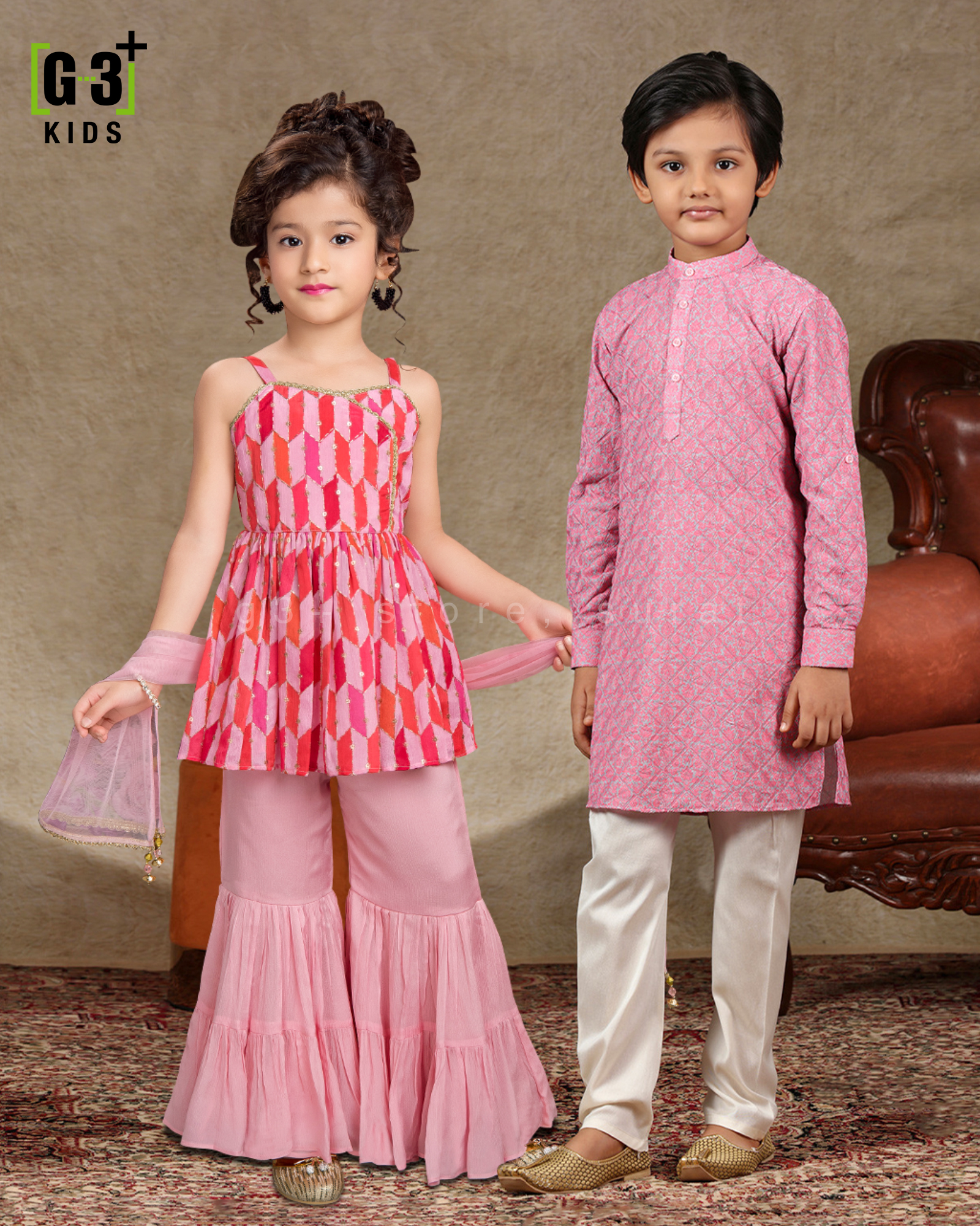 pink color Indian outfits for siblings
