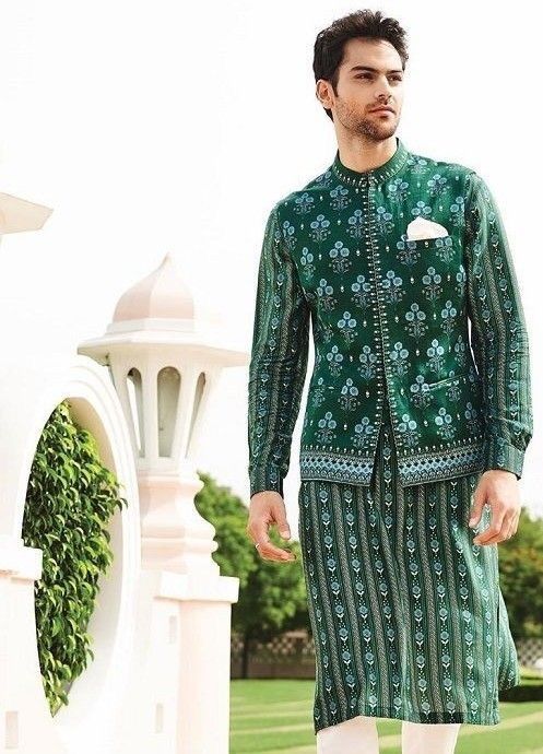 Green printed men waistcoat set for wedding