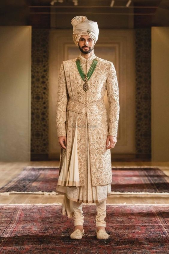 Ivory heavy wedding sherwani for men