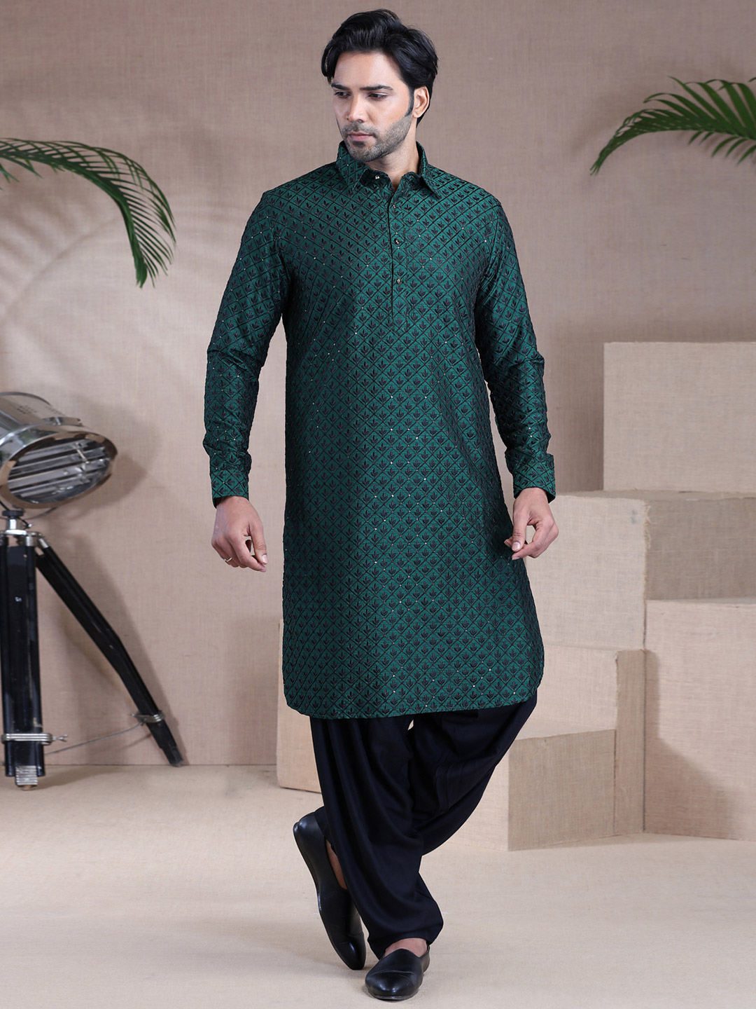 Green Raw Silk Pathani Suit wedding outfits for men