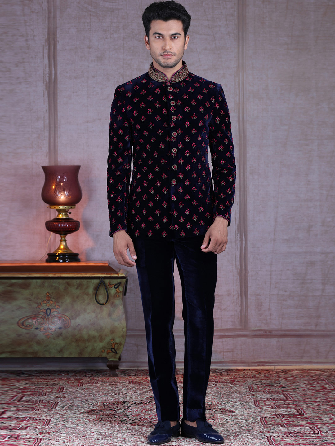 Velvet blue Mens Jodhpuri Suit wedding outfits for men