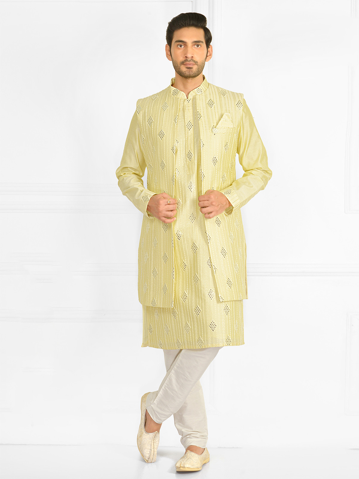 yellow raw silk haldi wedding outfits for men