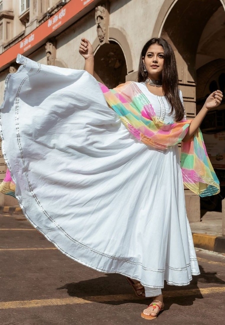 white anarkali multi hue dupatta as holi outfit