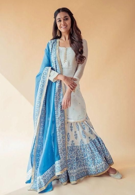 white and blue printed sharara as holi outfit ideas