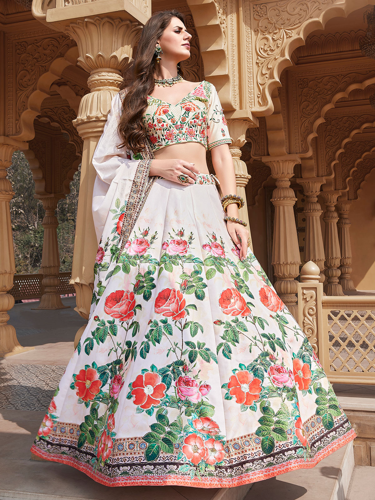 white printed bridal lehenga