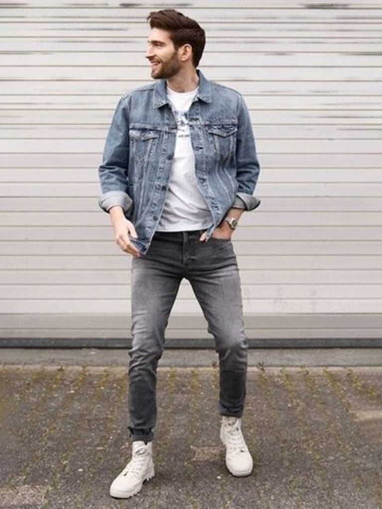 Grey Jeans With Denim Jacket and Plain T-Shirt