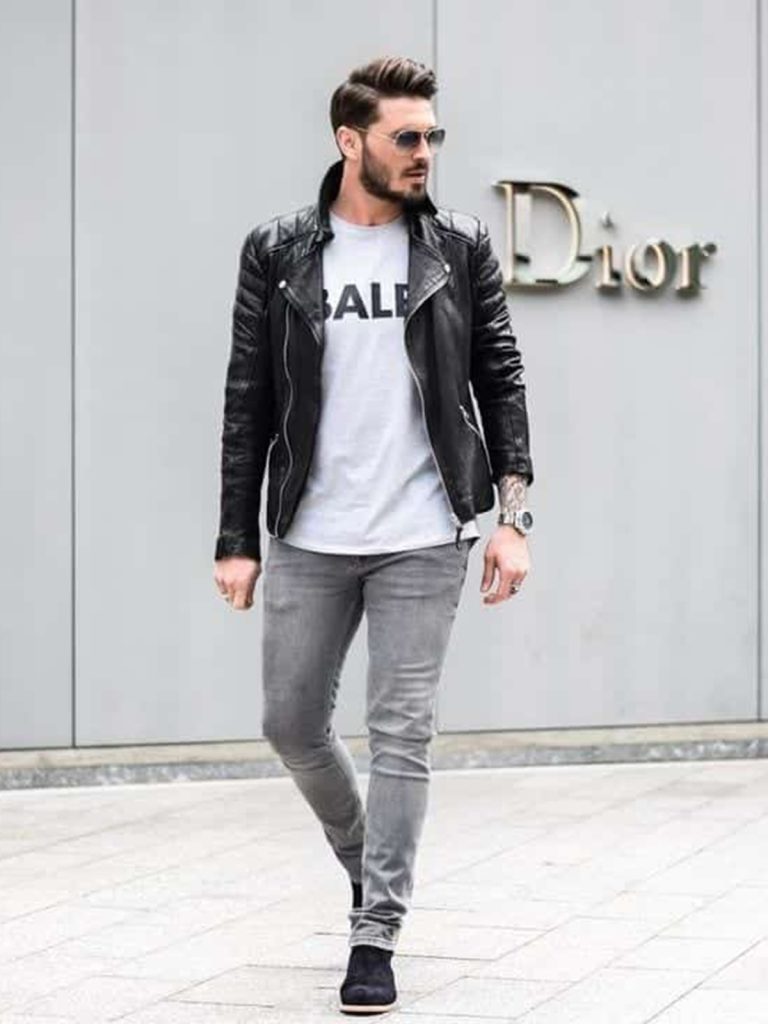 Grey Jeans With Leather Jacket
