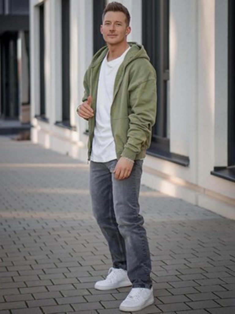 Grey Jeans With Plain T-Shirt and Olive Green Jacket