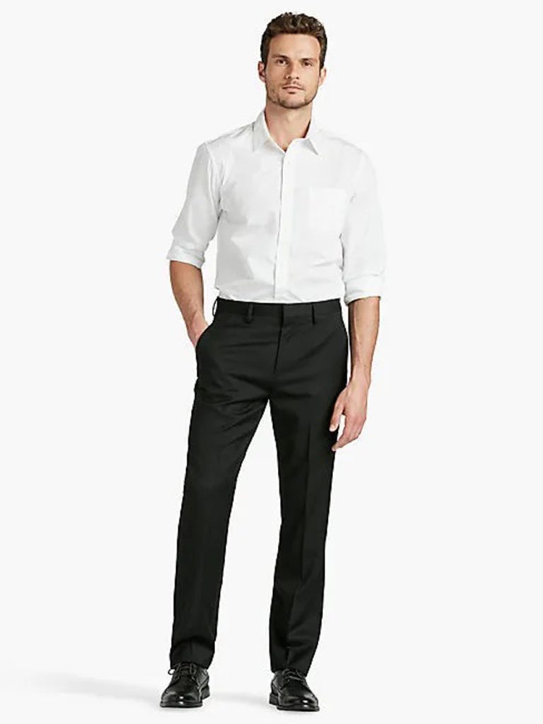Black pants paired with a classy white shirt