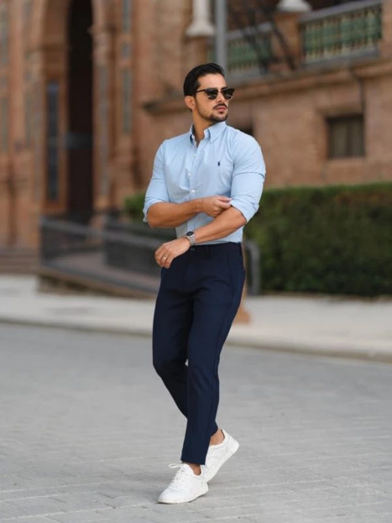 Combination of light blue shirt and navy blue pants