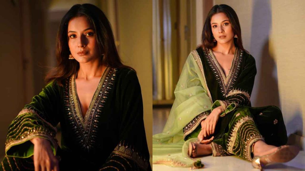 Shehnaz Gill in a v-neck green