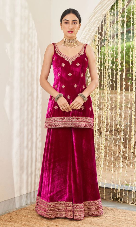 strap sleeve short kameez in velvet and sharara in velvet