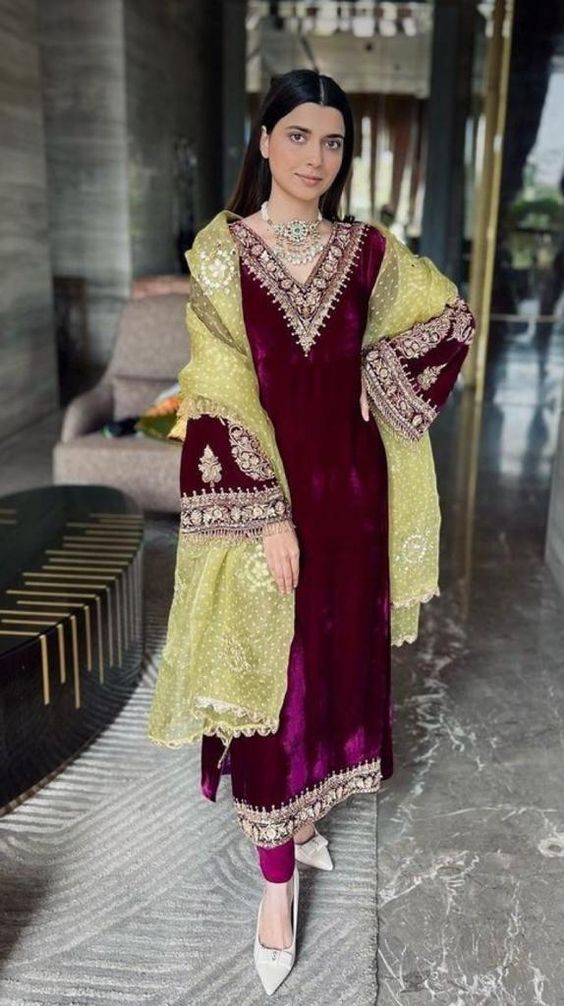 straight cut velvet salwar kameez in full sleeves