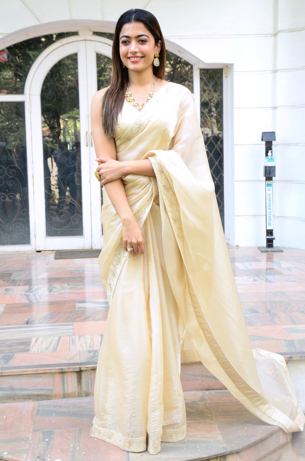 Rashmika Mandana cream Gold Saree 