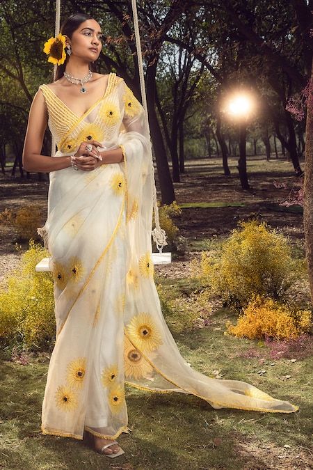 Floral Embroidery or Floral Prints Saree for Haldi