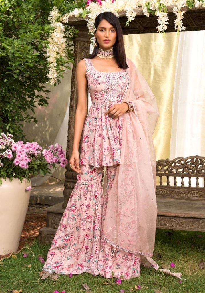 Pastel Pink Sharara Suit with Floral Embroidery
