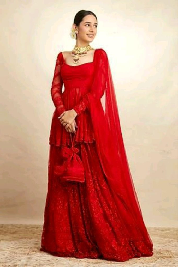 Traditional Red Silk Sharara Suit