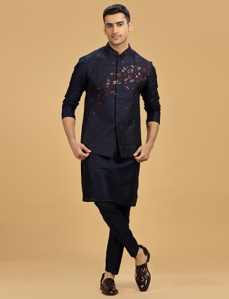 Navy Silk Wedding Waistcoat Set for Men