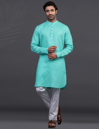 Linen aqua stand collar kurta suit