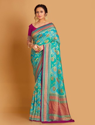Aqua Zari Weaving Silk Saree