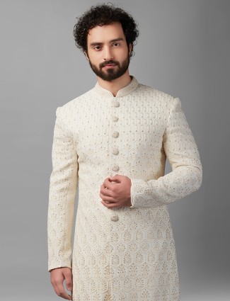 Claasic off-white silk sherwani
