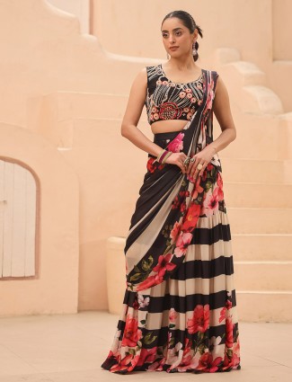 Black floral printed pre-stitched saree