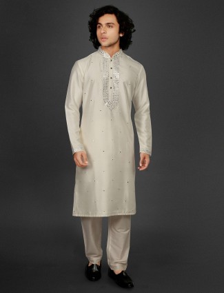 Festive beige cotton silk kurta suit