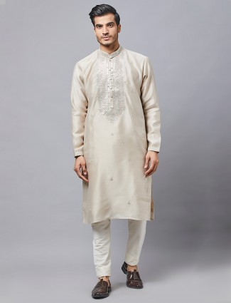 Men festive look beige silk kurta set