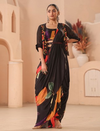 Black printed saree with jacket