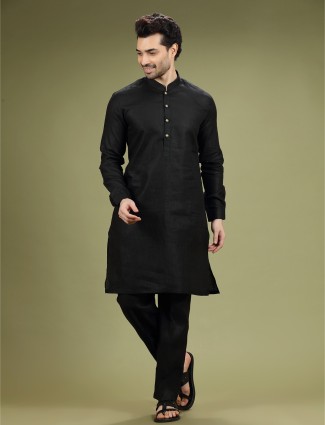 Stylish Black Plain Linen Kurta Suit