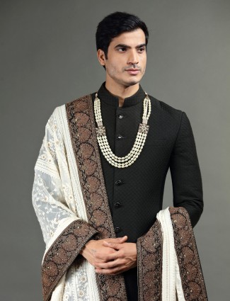 Black raw silk groom sherwani