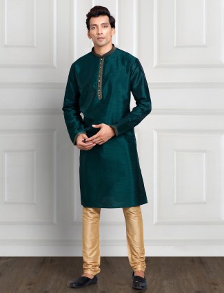 Bottle green art silk plain kurta suit