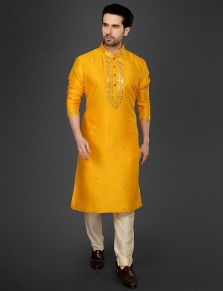 Bright yellow cotton silk kurta suit