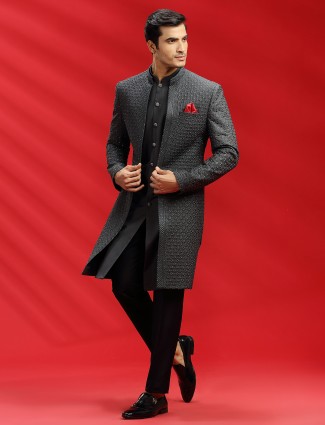 Charcoal grey embroidered wedding indowestern