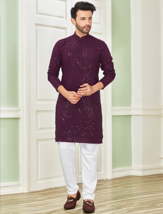 Embroidery purple cotton kurta suit