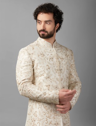Elegant off white raw silk sherwani