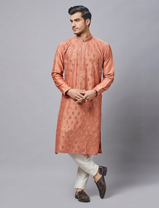 Peach festive wear silk kurta suit