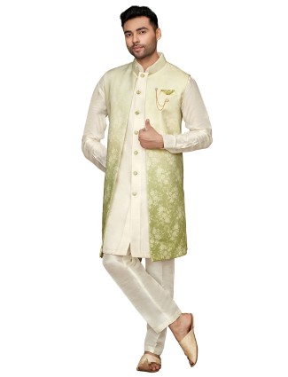 Cream and green silk indowestern